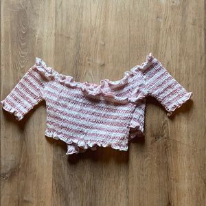 Pink & White Stretchy Off the Shoulder Crop Top